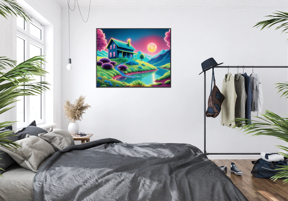 Haus im Neonmondschein